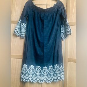 Jones New York Mide Navy Blue & White Embroidery